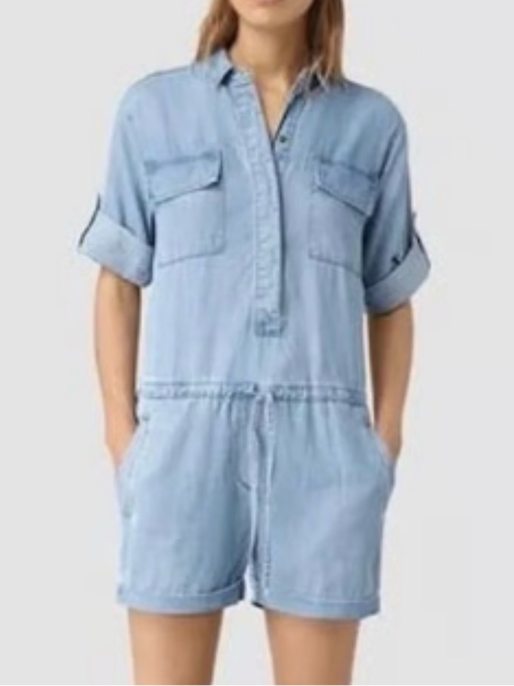 All Saints Size 6 Romper Jada Playsuit Lyocell Belt Chambray Denim Short Pockets